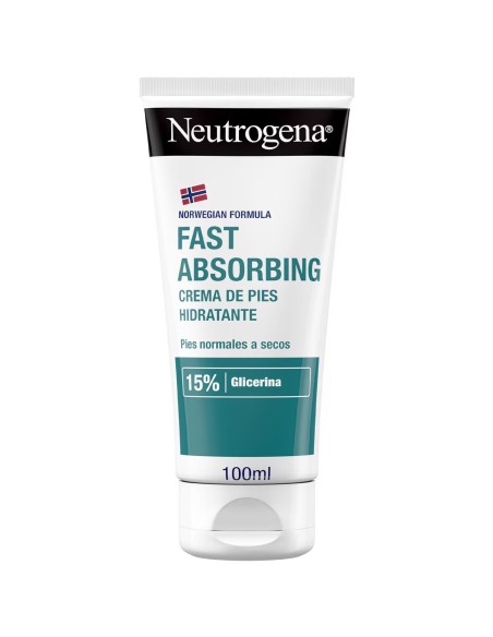 Vista frontal del tubo de 100 ml de crema de pies Neutrogena Fast Absorbing para pies normales a secos