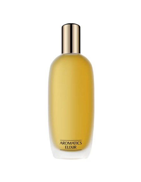 Silueta elegante del frasco de cristal esmerilado con el perfume dorado de Clinique