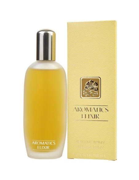 Frasco de perfume Clinique Aromatics Elixir EDP de 100 ml junto a su estuche texturizado de color amarillo claro