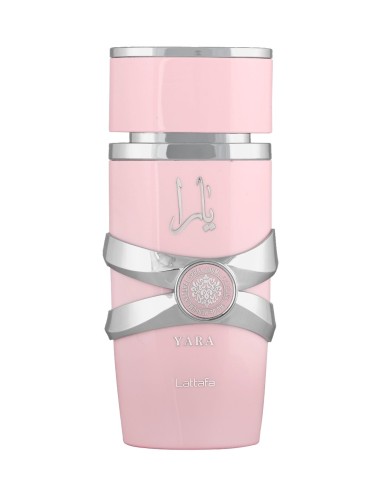 Frasco de perfume árabe Lattafa Yara 100 ml con detalles plateados y arabescos