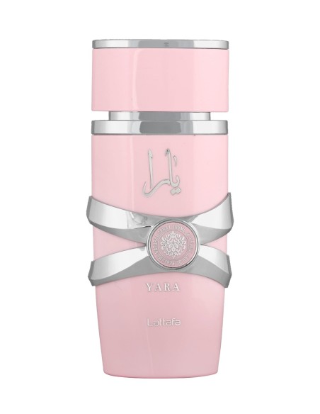 Frasco de perfume árabe Lattafa Yara 100 ml con detalles plateados y arabescos