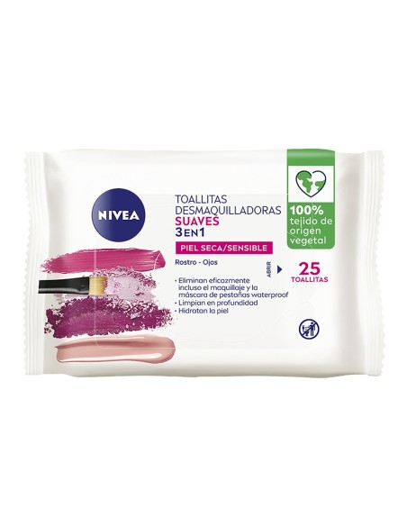 Vista frontal del pack de 25 Toallitas Desmaquilladoras Suaves 3 en 1 de Nivea para piel seca y sensible