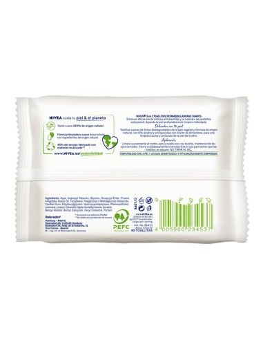 Información técnica, ingredientes y precauciones de uso en el reverso del envase de las toallitas faciales Nivea