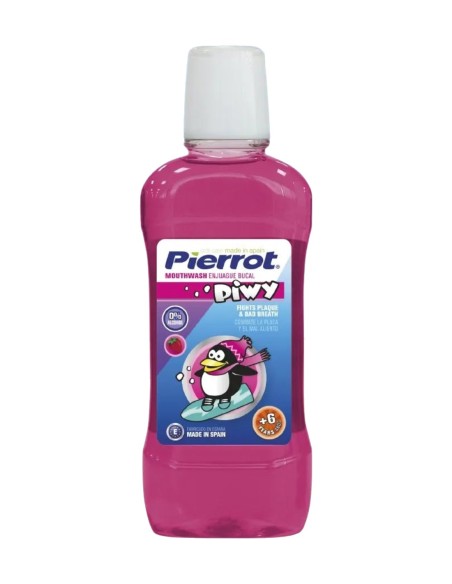 Botella transparente de 500 ml del enjuague bucal infantil Pierrot Piwi sabor fresa con tapón blanco y diseño de un pingüino