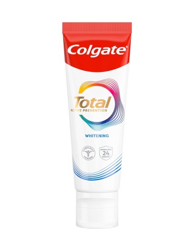 Colgate Total Prevención Activa Blanqueador con su caja roja y blanca