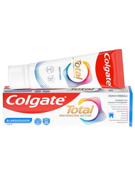 Colgate Total Prevención Activa Blanqueador con su caja roja y blanca