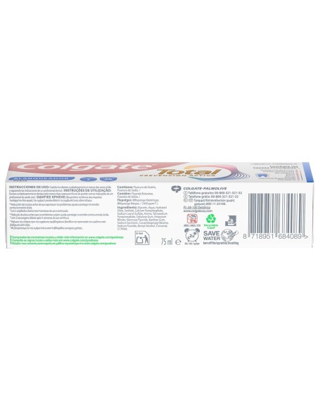 Reverso de la caja Colgate Total Blanqueador con ingredientes e instrucciones de uso