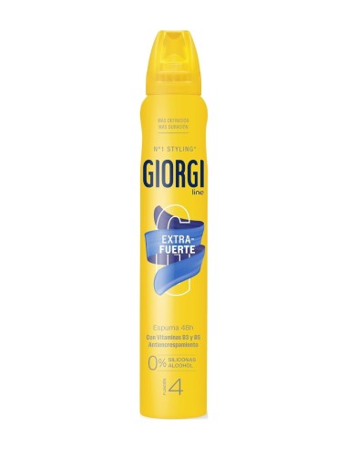 Vista frontal del spray amarillo de espuma Giorgi Line Extra-Fuerte con indicador de fijación nivel 4.