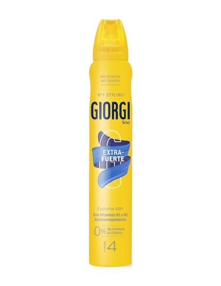 Vista frontal del spray amarillo de espuma Giorgi Line Extra-Fuerte con indicador de fijación nivel 4.