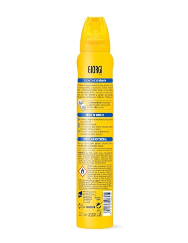 Vista trasera del envase de espuma Giorgi con el modo de empleo, precauciones de seguridad del aerosol e ingredientes.