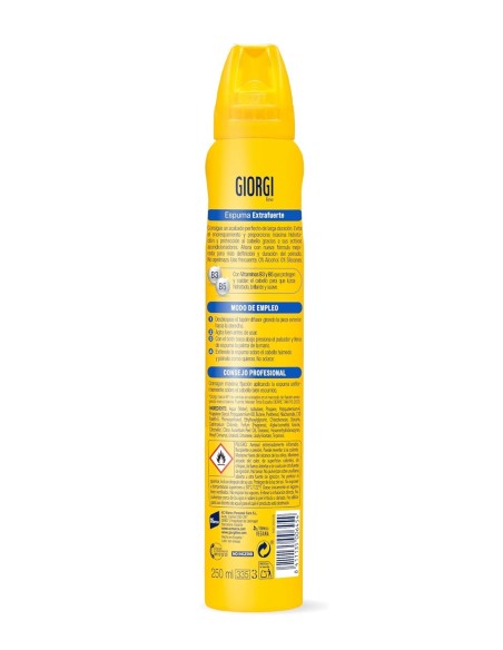Vista trasera del envase de espuma Giorgi con el modo de empleo, precauciones de seguridad del aerosol e ingredientes.