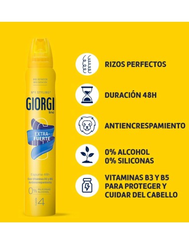 Infografía comercial que resalta las propiedades de duración de 48 horas, antiencrespamiento y fórmula con vitaminas de la espu