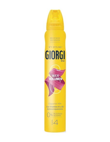 Vista frontal del spray amarillo de espuma Giorgi Line Maxi Volumen con franja rosa y nivel de fijación 4.
