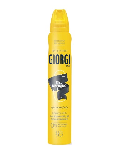 Vista frontal del spray amarillo de espuma Giorgi Line Rizo Definido con franja negra e indicador de fijación nivel 6.