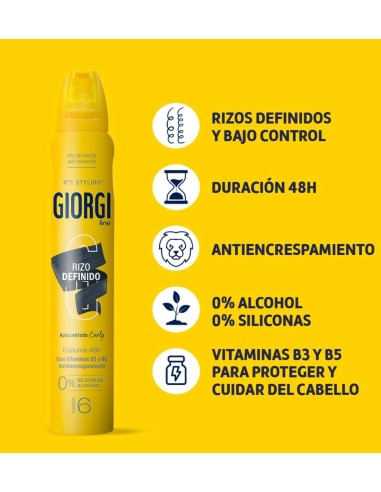 Infografía con fondo amarillo que detalla las propiedades de fijación duradera de 48 horas, fórmula libre de alcohol y acción p