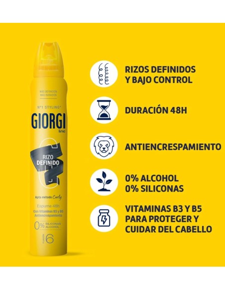 Infografía con fondo amarillo que detalla las propiedades de fijación duradera de 48 horas, fórmula libre de alcohol y acción p