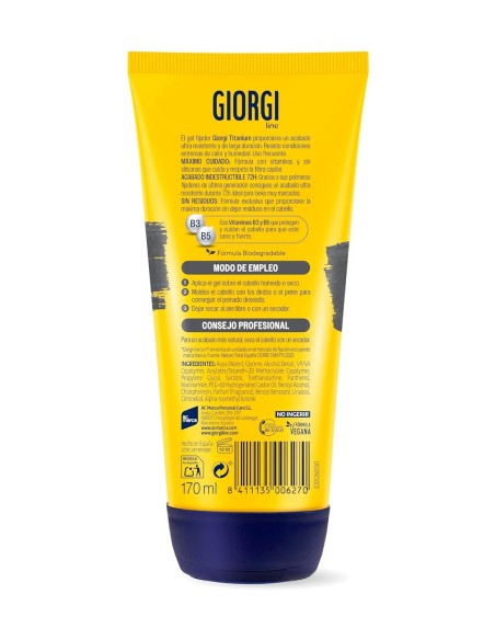 Vista trasera del envase de gel Giorgi Titanium donde se aprecian las instrucciones de uso paso a paso, la tabla de ingrediente