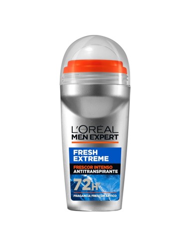 Vista frontal del desodorante roll-on L'Oréal Men Expert Fresh Extreme antitranspirante de setenta y dos horas en envase gris y