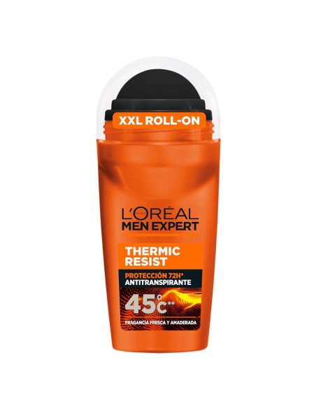 Vista frontal del desodorante roll-on L'Oréal Men Expert Thermic Resist antitranspirante en envase naranja con bola negra XXL.