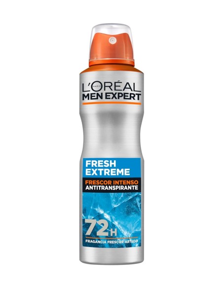 Vista frontal del desodorante en spray L'Oréal Men Expert Fresh Extreme antitranspirante de setenta y dos horas en bote platead