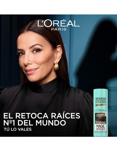 Campaña publicitaria de L'Oréal Magic Retouch mostrando a una modelo de cabello castaño y el spray corrector instantáneo de raí