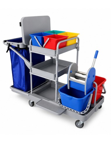 Carro multiusos de limpieza profesional gris con equipamiento de doble cubo azul y rojo y prensa industrial de palanca.