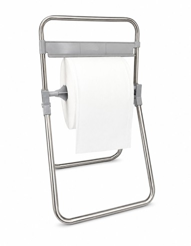 Dispensador de suelo en formato trípode de acero inoxidable con una bobina de papel industrial blanca instalada.