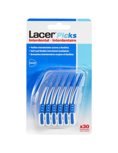 Envase blíster azul de palillos interdentales flexibles de goma con estuche transparente.