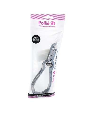 Alicate profesional corta uñas pedicuro de 14 cm de la marca Pollie metido en su funda protectora transparente de plástico blan