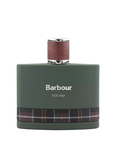 Perfume masculino en frasco de cristal verde mate con tapón de acabado en cuero marrón.
