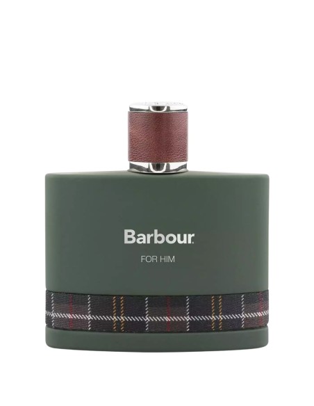 Envase de perfume masculino de cincuenta mililitros en vidrio verde mate con detalles de tela escocesa.