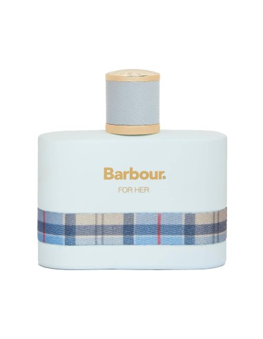 Frasco de perfume femenino Barbour Coastal For Her de cien mililitros en color azul cielo mate con tapón dorado.