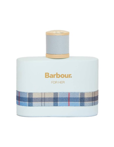 Frasco de perfume femenino Barbour Coastal For Her de cien mililitros en color azul cielo mate con tapón dorado.