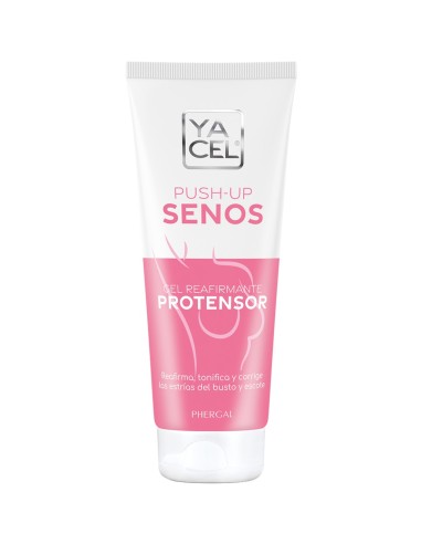 Vista frontal del tubo de gel cosmético Yacel Push Up Senos con diseño blanco y rosa para el cuidado del busto.