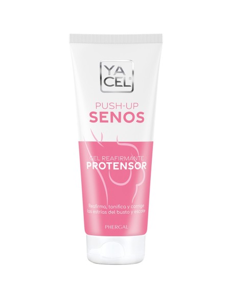 Vista frontal del tubo de gel cosmético Yacel Push Up Senos con diseño blanco y rosa para el cuidado del busto.