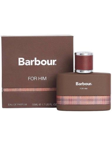 Frasco de Eau de Parfum masculino Barbour Origins junto a su estuche original marrón con patrón escocés.