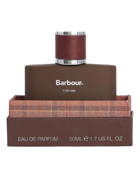 Vista frontal del perfume Barbour For Him de cincuenta mililitros en su soporte interior de la caja.