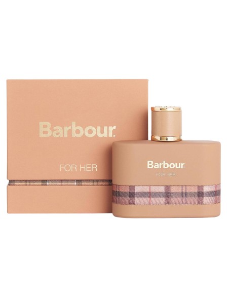 Perfume femenino en frasco de tono nude con tapón dorado sobre su estuche con diseño de cuadros.