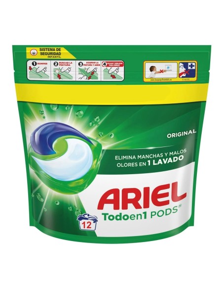Bolsa frontal de detergente en cápsulas Ariel Todoen1 Pods Original de 12 lavados con cierre de seguridad.