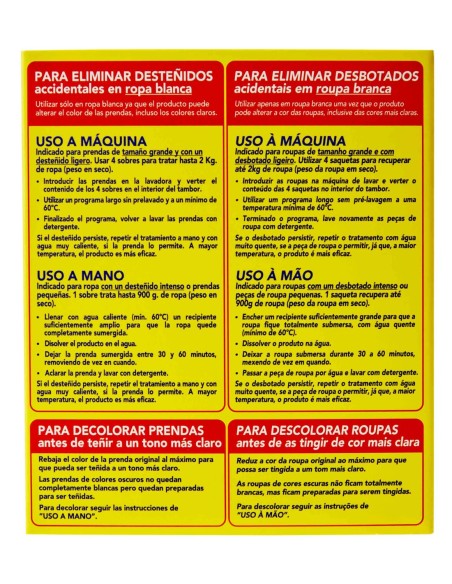 Instrucciones detalladas de uso a mano, a máquina y para decolorar en el reverso de Iberia Quitadesteñidos.