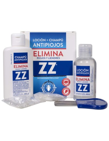 Contenido completo del pack ZZ Antipiojos con frasco de loción, champú, lendrera azul y gorro.