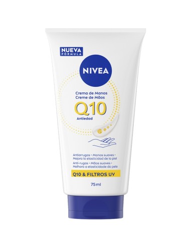Vista de frente del envase blanco de crema de manos Nivea Q10 Antiedad de setenta y cinco mililitros