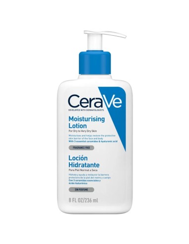 Bote frontal de CeraVe loción hidratante de 236 ml con bomba dosificadora para piel seca a muy seca
