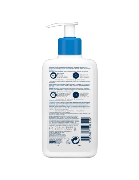 Vista del reverso de la botella CeraVe loción hidratante de 236 ml con composición e información legal