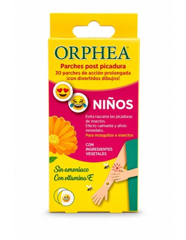 Caja de Orphea apósitos postpicadura bambini de treinta tiritas para niños con ingredientes naturales.