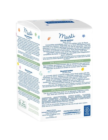 Reverso de la caja de la colonia Mustela Musti detallando sus ingredientes de origen natural e instrucciones en varios idiomas.