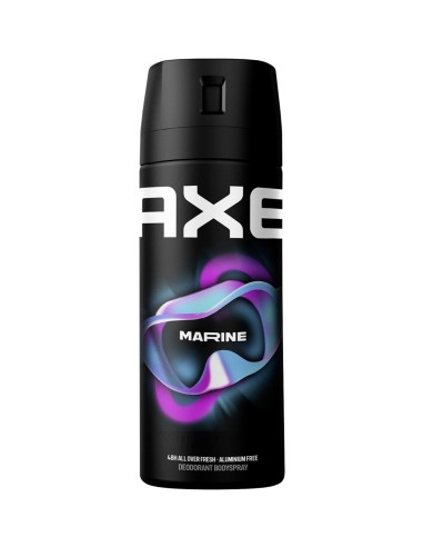 Envase de desodorante masculino AXE Marine en spray de color negro con un logotipo geométrico en tonos azules y morados.