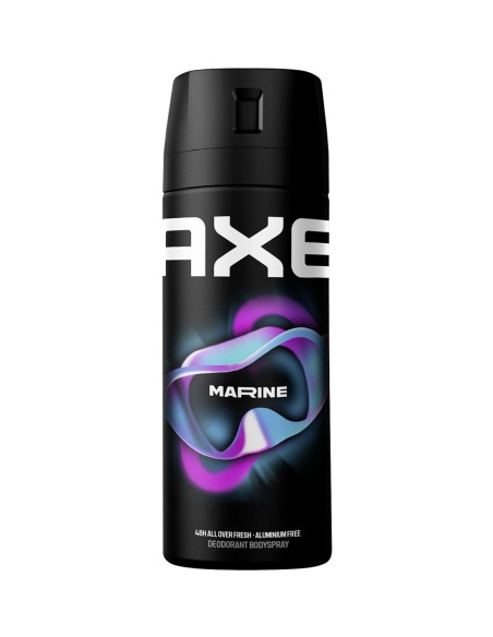 Envase de desodorante masculino AXE Marine en spray de color negro con un logotipo geométrico en tonos azules y morados.