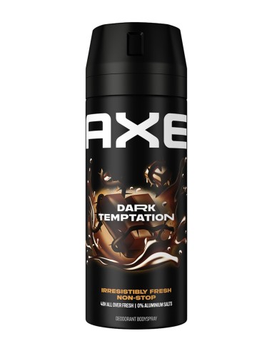 Envase de desodorante masculino AXE Dark Temptation en spray con tonos oscuros y un círculo con matices color bronce y marrón.