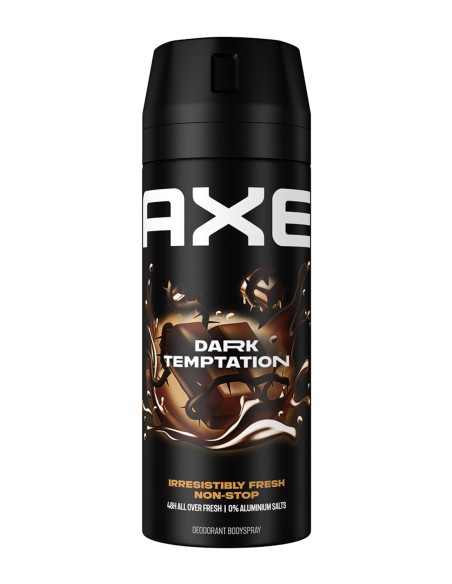 Envase de desodorante masculino AXE Dark Temptation en spray con tonos oscuros y un círculo con matices color bronce y marrón.